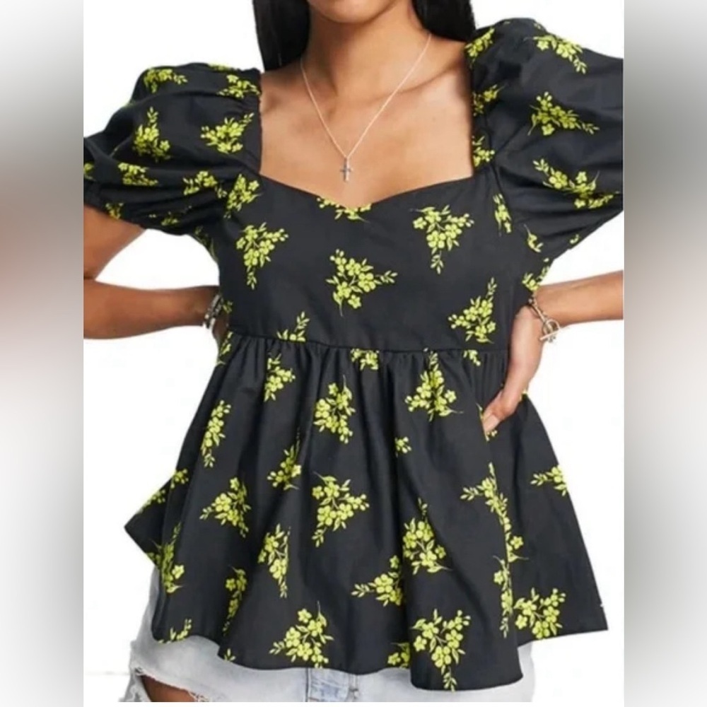 Topshop Peplum Bubble Sleeve Floral Print Open Back Top Size 12 NWT